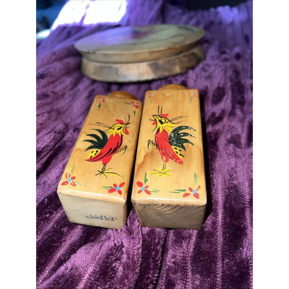 Vintage Wooden Salt & Pepper Shaker Set & Hamburger Press-Hand Painted Roosters